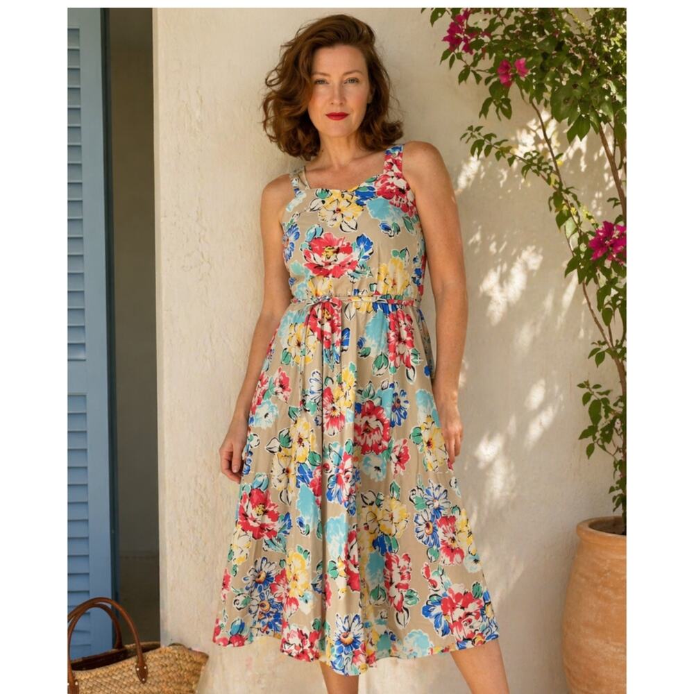 Vintage 80s Floral Sundress Tan Red Knee Length Made USA Small Summer vibes